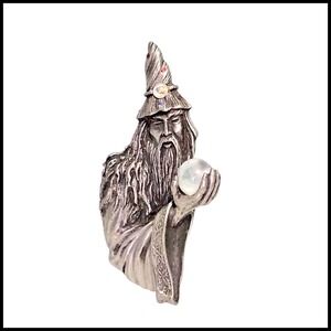 JJ Wizard Brooch Pewter Figural Pin with Crystal Ball and‎ Rhinestones